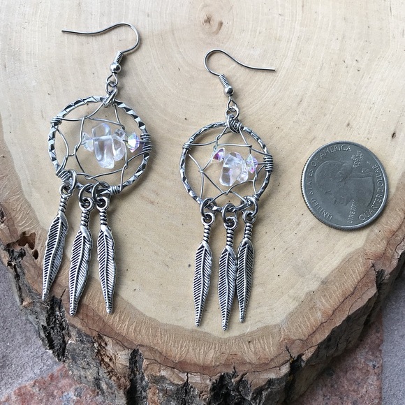 Genuine crystal quartz boho dream catcher earrings - Picture 3 of 8